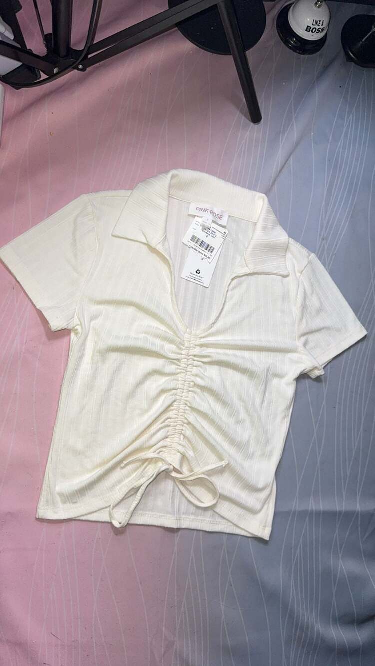 Pink Rose Junior Ruched Front Collared Ribbed Short Sleeve Crop Top - Winter Whi